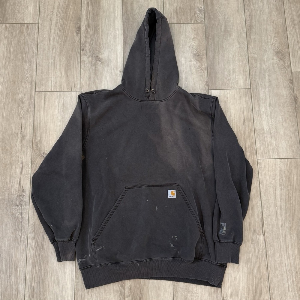 Carhartt Distressed Faded Black Hoodie Men's XL Workwear Grunge Rain Defender